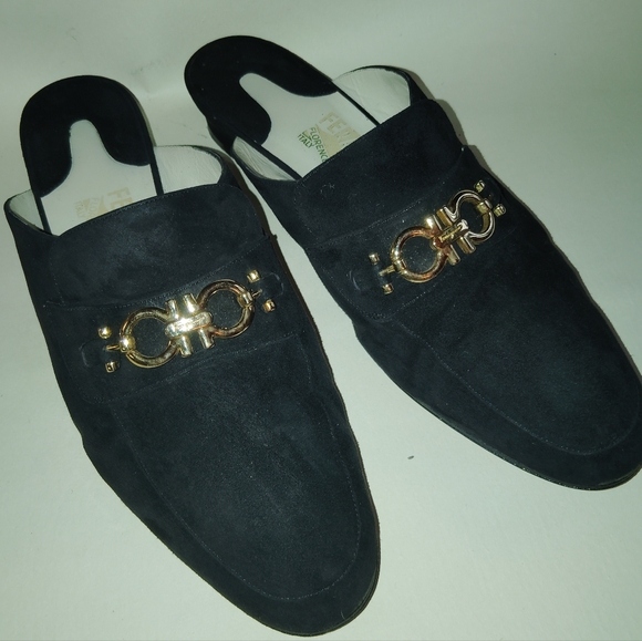 Salvatore Ferragamo Shoes - Salvatore Ferragamo LIMITED EDITION Black Suede Flat Mules Slip On Gold Logo 7